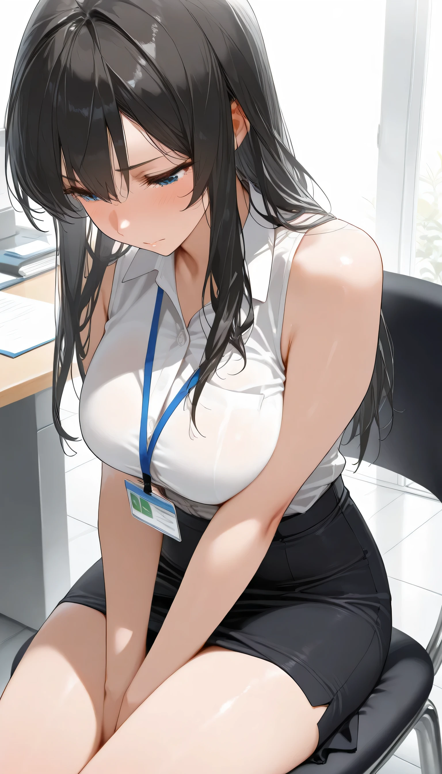 ( masterpiece:1.5), (Top Quality:1.4), (High Resolution:1.9), High quality eyes, black long hair, anime Australian woman, sleeveless business shirt, skirt, (face focus:0.6), (plump:0.5), sitting on the chair, at office