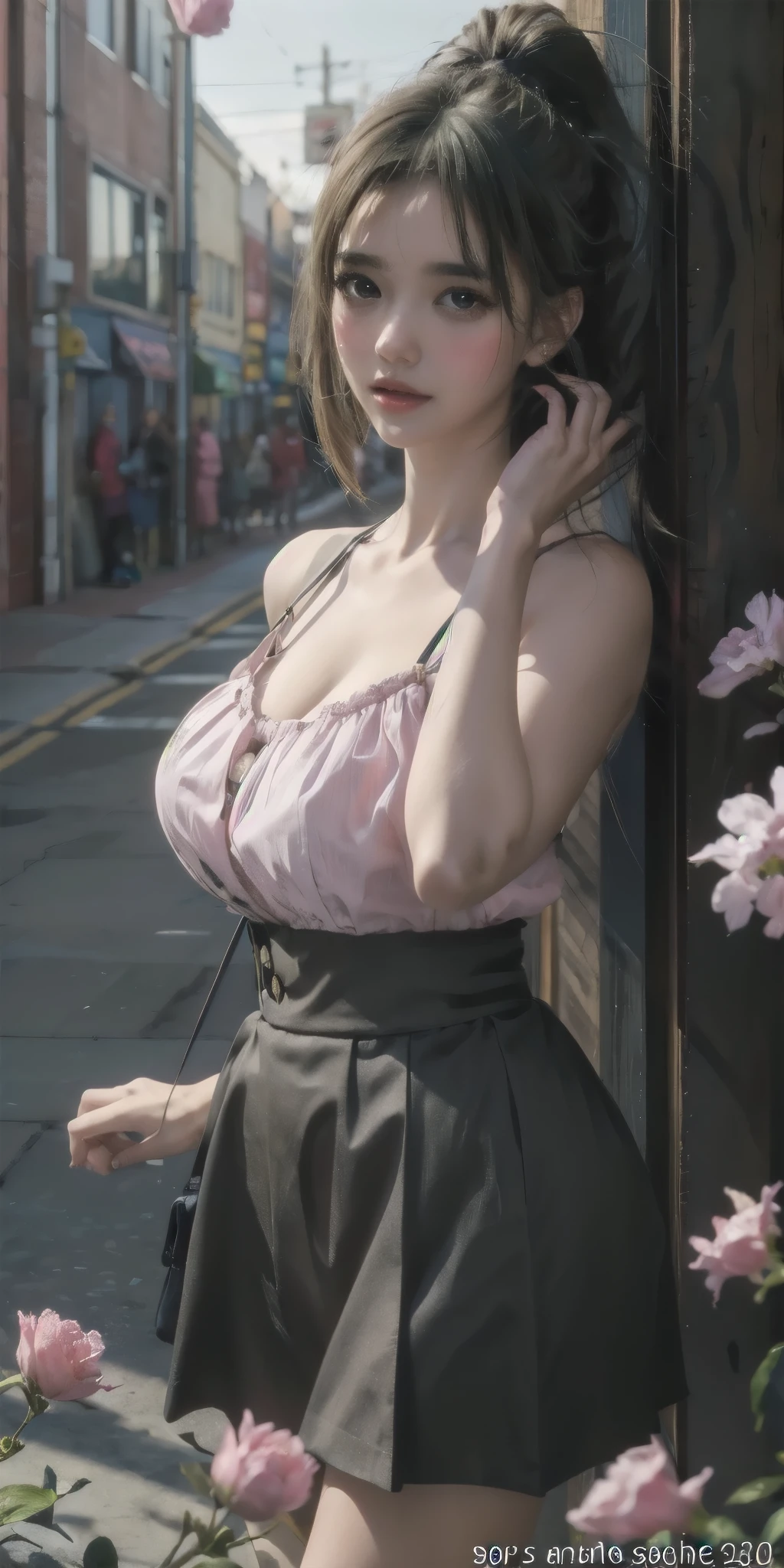 masterpiece, absurdres, yuki yokoya\(kimi wa meido sama\), 1girl, solo,mature female, spaghetti strap top, high waist mini skirt, looking at viewer, (falling petals), perfect composition, detailed lips, big breast, beautiful face, body propotion, blush, (pink lips), ponytail,  black eyes, white pupils, soft gaze, super realistic, detailed, photoshoot, realistic face and body,
