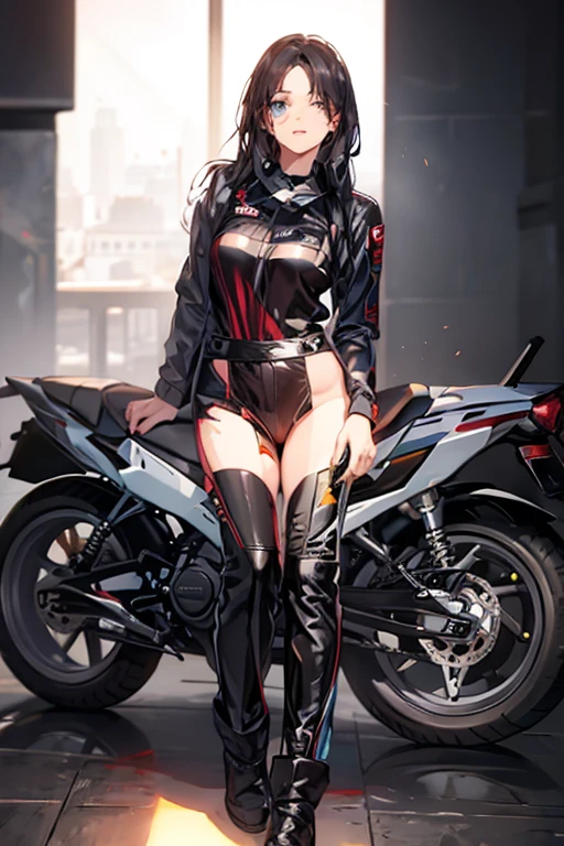 最high quality、best image quality、masterpiece、teenage girl((18-year-old、 By becoming、vest bust、medium bust,wide open breast tea、black eye, black hair、long hair、thin,highest valley、toned chest、white pilot suit、knee high boots、red jacket、Have a smartphone、Selfie Pose)),high quality、beautiful art、background((cyber road at night、cool black bicycle)),debris flies、Depth of written boundary、movie、visual art、perfect art、8K,genuine