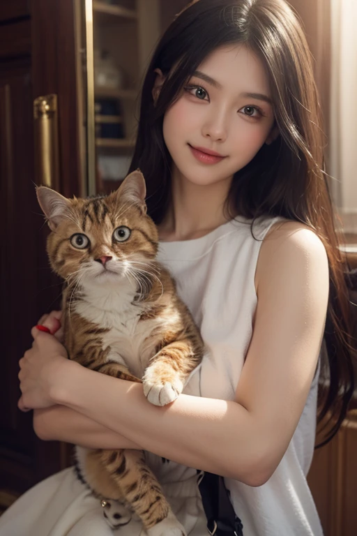 hair bobbles, wince, longeyelashes, solid circle eyes, fake animal ears, light smile, ear blush, fang, Surrealism, drop shadow, anaglyph, stereogram, tachi-e, pov, atmospheric perspective, 8k, super detail, ccurate, best quality, award winning, super detail, UHD, retina, anatomically correct, high details, best quality, high quality, highres, textured skin, masterpiece, ccurate,A woman sitting on the bed with a cat, Anime Girl Cosplay, Anime catgirl, Charming cat girl, cute Anime catgirl, Anime role playing, Internal Medicine Rice, very beautiful Anime cat girl, Holo is a wolf girl, Anime cat, beautiful Anime catgirl, Very beautiful and cute catwoman, cat ears anime girl, full-cosplay