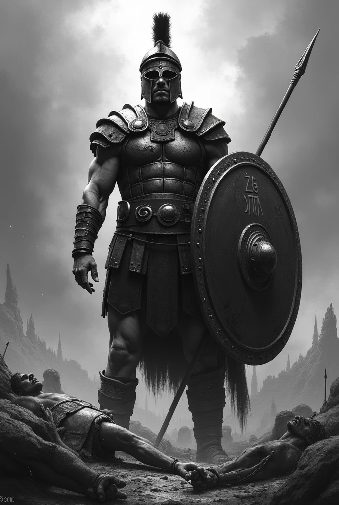 Create a drawing in honor of my father and daughter who died. I need a drawing where there is a Spartan warrior facing away with a shield in his hand and the other holding a flying angel