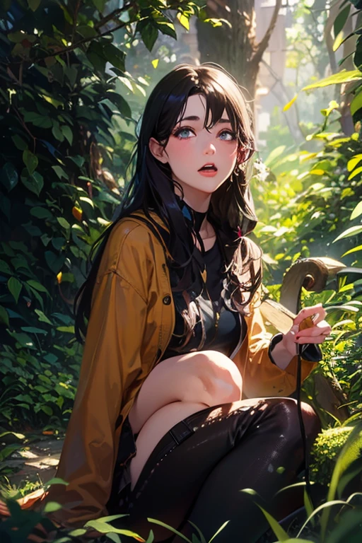 ((styled old westerner oil painting, only one girl, Chibi style)), ((in the dark, in the dim place, dark sky, deep mountain pass, trees)), (((round face))), (blush, drooping eyes), ((bending to open legs, (showing off her light pubic hair), small breasts, large areolas, pinching swollen nipples by herself)), young woman, casual clothes,
