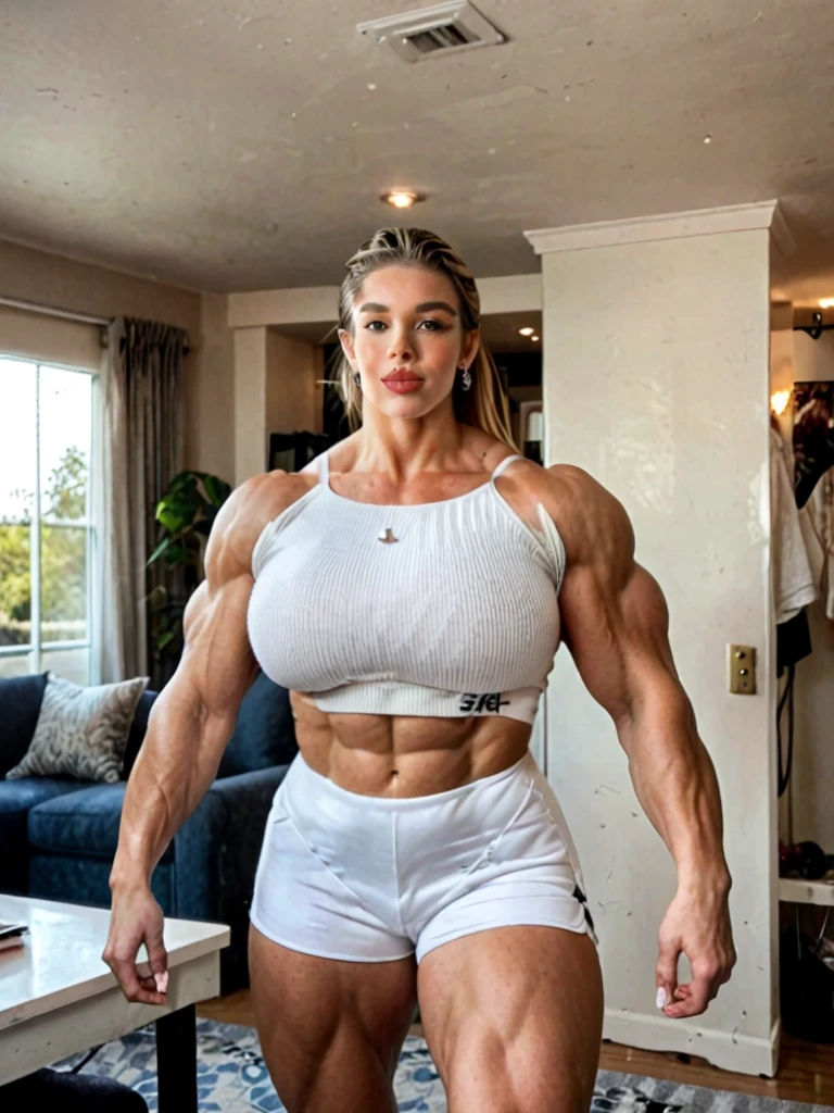  62 year old Sydney Sweeney, A heavily muscled iffb pro female bodybuilder, (Realistic, high resolution:1.3), (Upper body), 1 girl with perfect figure, Super fine face and eyes, Denim corset top, Skinny jeans, cafe shop, Sitting, (Big breasts), cleavage