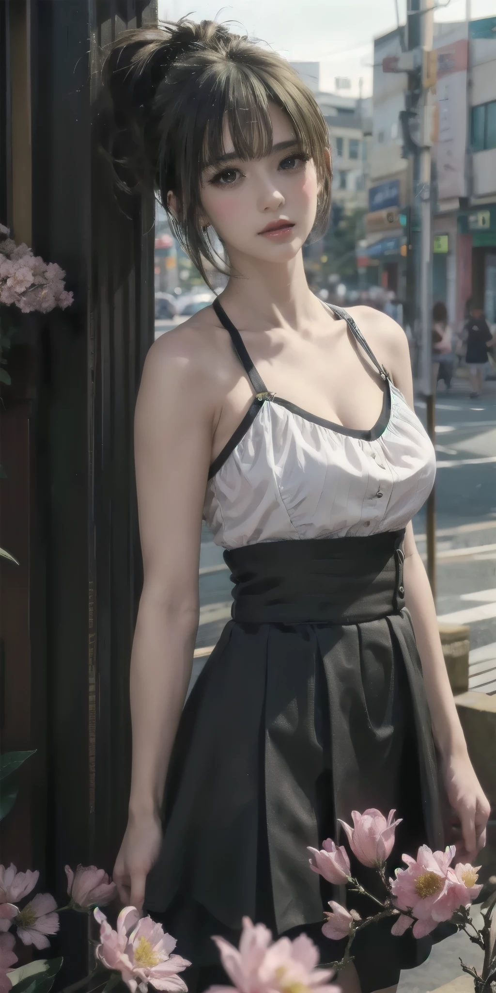 masterpiece, absurdres, yuki yokoya\(kimi wa meido sama\), 1girl, solo,mature female, spaghetti strap top, high waist mini skirt, looking at viewer, (falling petals), perfect composition, detailed lips, big breast, beautiful face, body propotion, blush, (pink lips), ponytail, black eyes, white pupils, soft gaze, super realistic, detailed, photoshoot, realistic face and body,