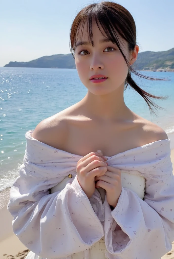High-level details of a girl, a figure like a Korean mixed Japanese, naked, sitting on the beach, super big tits, Curvaceous thighs