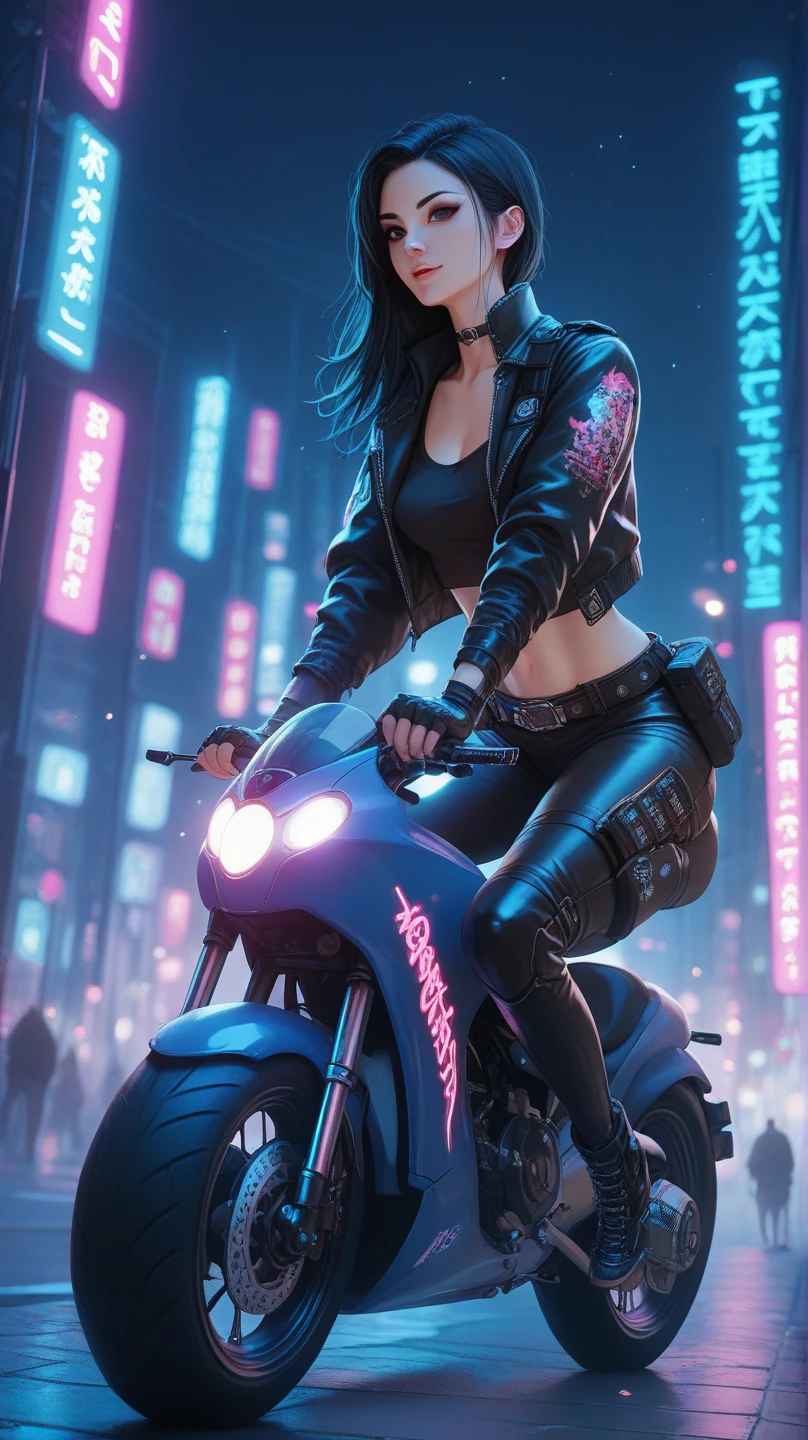 {{A stunningly beautiful and sexy woman piloting a high-performance racing motorcycle in a realistic Cyberpunk estilo}}, every intricate detail meticulously crafted to perfection. Esta es una imagen inspirada en Cyberpunk que personifica {((the fusion of elegant technology and feminine charm in a bold urban environment))}. El entorno/Los antecedentes deben ser {((a futuristic metropolis with towering skyscrapers and bustling streets, illuminated by the neon glow of Cyberpunk technology))} para crear un {((atmosphere of high-octane excitement and urban sophistication))}. La imagen debe renderizarse en {((ultrarrealista y meticulosamente detallado))} estilo, dibujando de {((the raw and realistic aesthetic of Cyberpunk-themed media))}. El tiro medio, captured con un {((Teleobjetivo medio))} lente, will provide a {((Sense of dynamic action and realism.))}. The lighting should be {((intense and full of neon))}, Acentuando {((the elegant lines of the motorcycle and the captivating presence of the rider))}. El nivel de detalle deseado es {((exquisitamente intrincado y visualmente cautivador))} con un {((High Definition))} resolution, exhibiendo {((the realistic textures of the woman's outfit and the intricate design of the racing motorcycle))}. El objetivo es crear un {((visualmente impresionante y emocionalmente atractivo))} imagen que sumerge a los espectadores en {((el apasionante mundo de Cyberpunk))}.