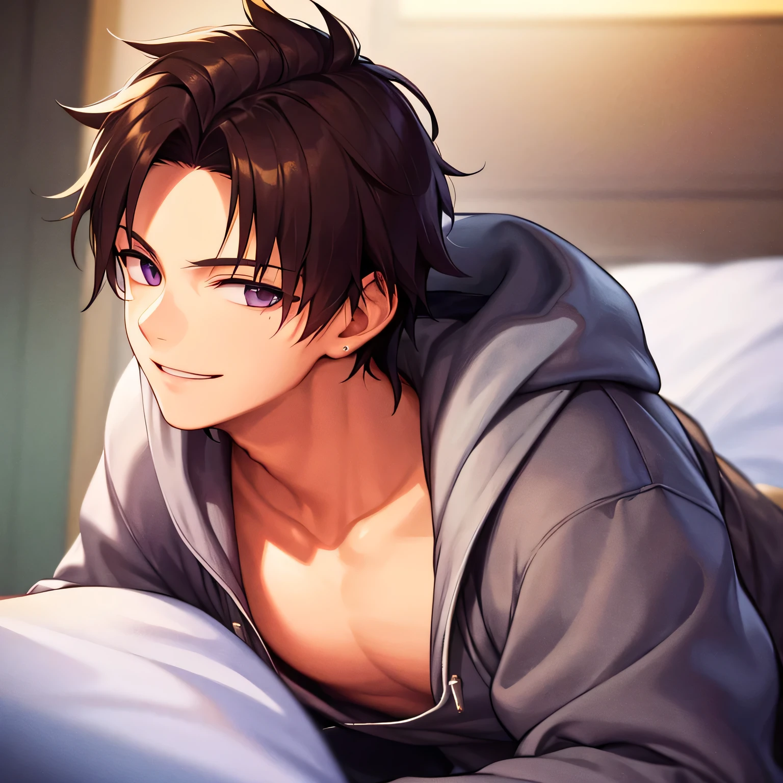 masterpiece、great quality、high resolution、newest、Super Detail、The most detailed eyes、The most detailed face、Most detailed hair、very detailed body、One Man、22 years old、manly、kind、smile、hoodie、Sofa