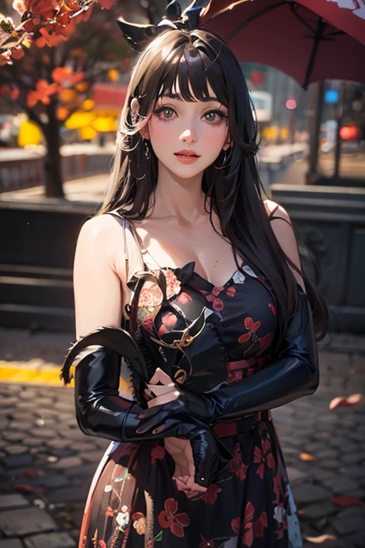 (masterpiece), (best quality), 8k resolution, 1girl, Asian girl, stunning beauty, perfect face, mature female, 20yo, girl with cat ears, sexy, cheongsam, outdoor, autumn, Chinese ancient buiding background