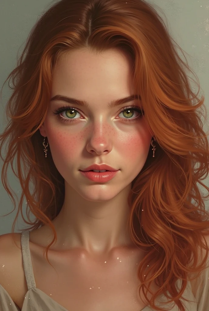 Woman with green eyes and freckles showing her breasts