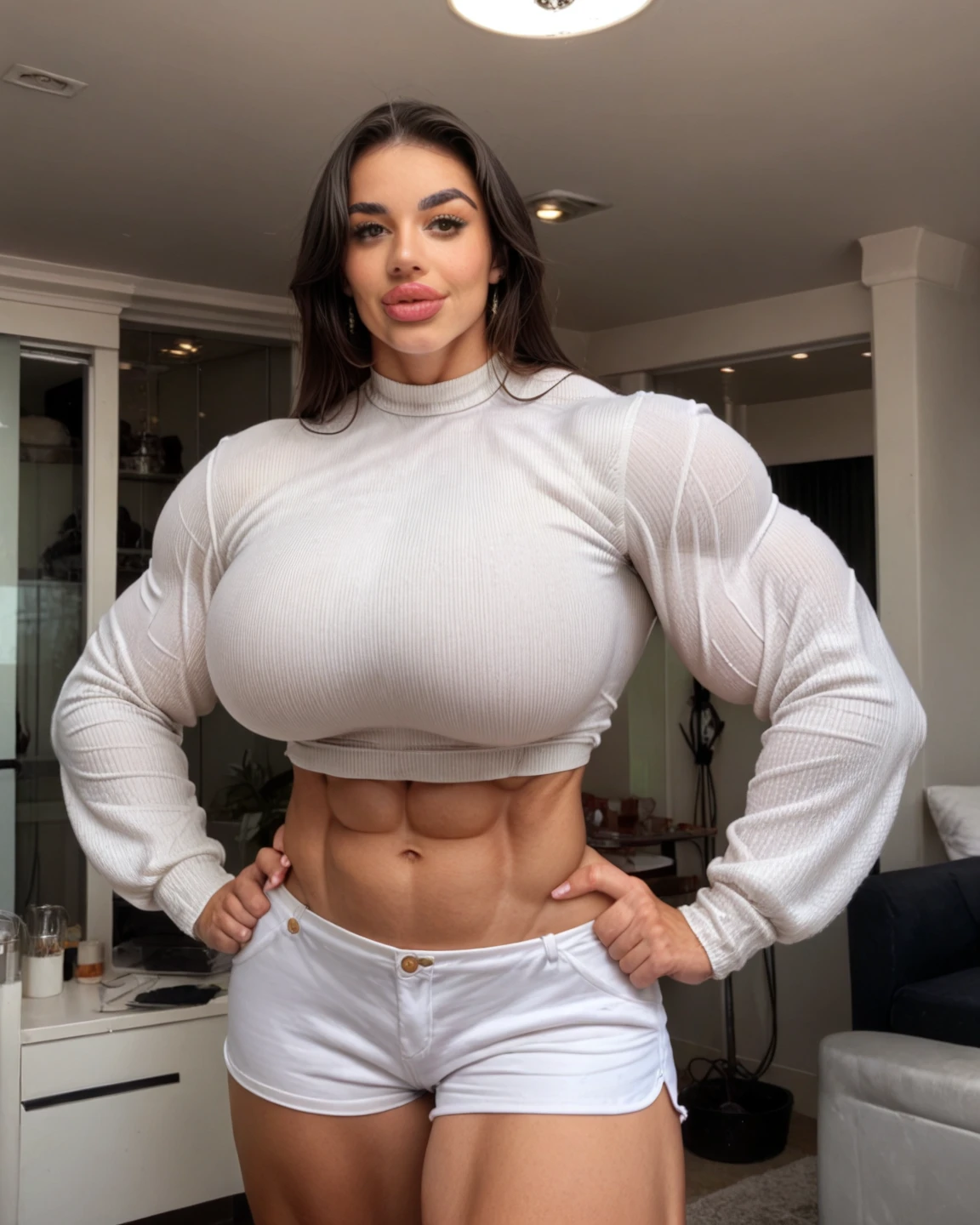cute girl, age18, big girl, ((bodybuilder)), hypermuscle, (massive muscles), (unreal muscles), swole, (freakish muscles), broad shoulders, (muscular thighs), light blue eyes, wide hips, (mega hips), huge hips, broad hips, wide pelvis, huge ass, huge breasts, giant breasts, (huge implants), fake tits, (mega breasts), stiff nipples, (hard nipples), narrow waist, (extreme hourglass), (big hair), (absurdly long hair), ass length hair, posing, arms over head, white shirt, dark pencil skirt, unrealistic, unreal
