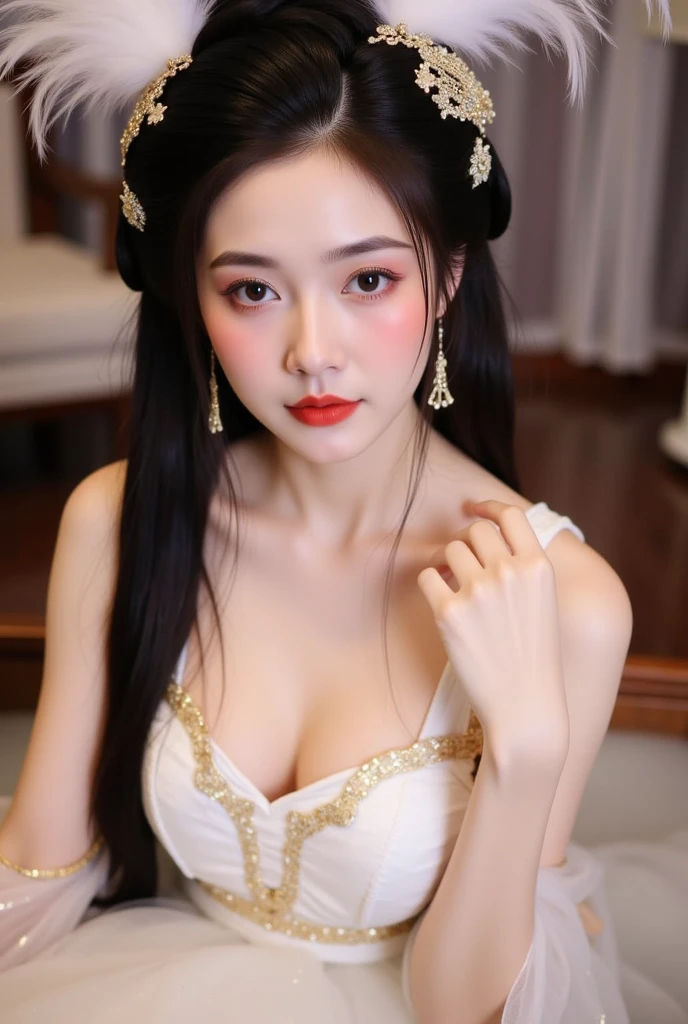 1 beautiful girl, long black hair, black eyes, Ancient Chinese style bun, wearing a thin silk shirt of ancient China, appears shoulders and head in the photo, plump red lips, pout, mouth shut, embarrassed, small face makeup detailed and very beautifull, breast augmentation, ((big blum boobs:1.2)), cover part of a girl's breasts with transparent silk cloth, ((show breast, prominent nipples)), blush, from front, wear earrings, necklaces, from above, looking at viewer, upturned eyes, masterpiece, top quality, best quality, official art, unity 8k wallpaper, highres, ultra-high res, ultra-detailed, (photorealistic:1.2), alone, solo, Only 1 girl, style hanfu Dunhuang,