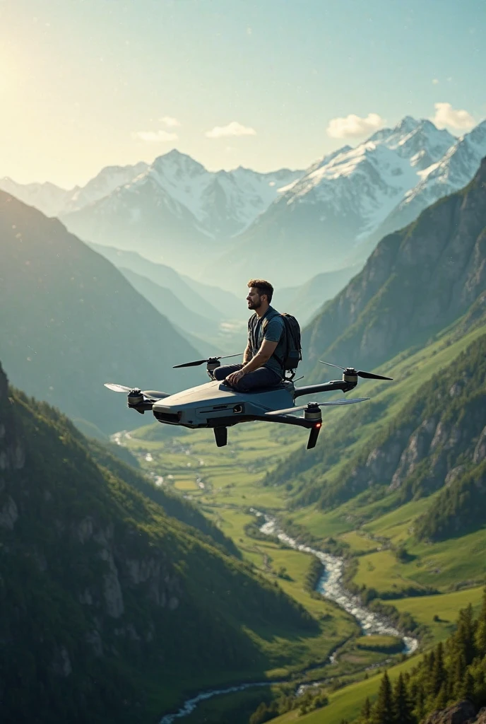 person flying with a jetpack in the shape of an hairdryer