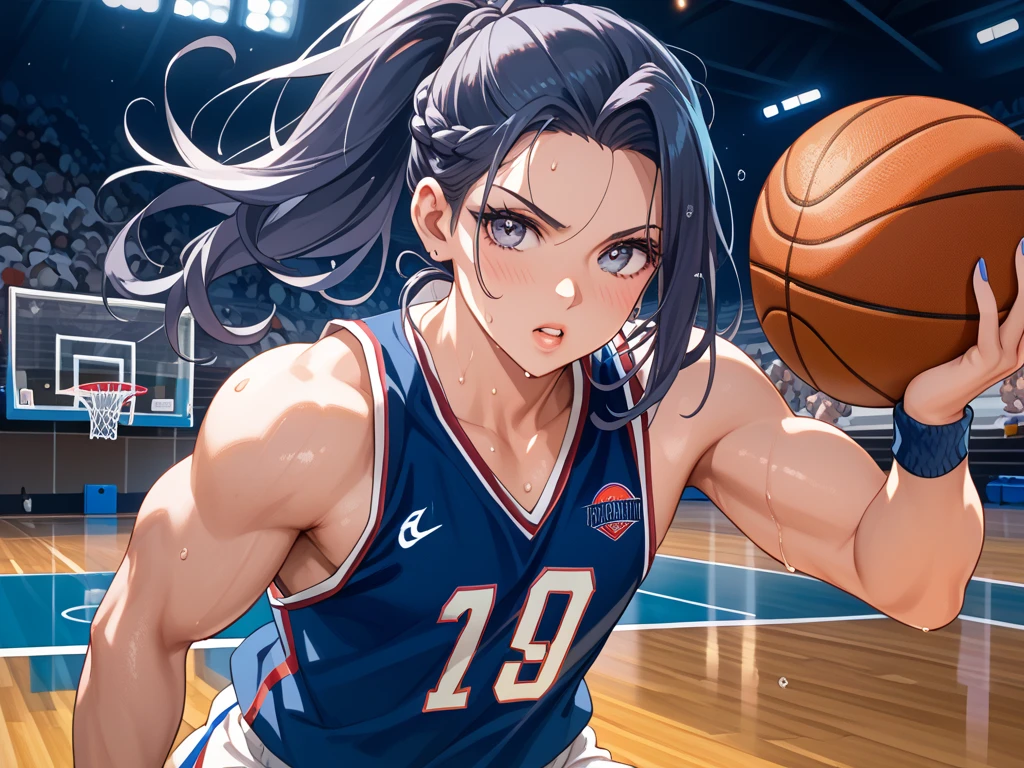 A slightly older version of a beautiful anime-style girl, now in her s, with a high ponytail and a determined expression. She's wearing a sporty and stylish basketball uniform, mid-action as she drives toward the basket with a basketball in one hand. Her body is athletic yet elegant, muscles subtly defined, and her pose is full of energy and motion. Sweat glistens on her forehead as she competes intensely on a brightly lit indoor basketball court, with teammates and opponents around her in the heat of a match. The scene radiates dynamic movement, competitive spirit, and graceful strength.