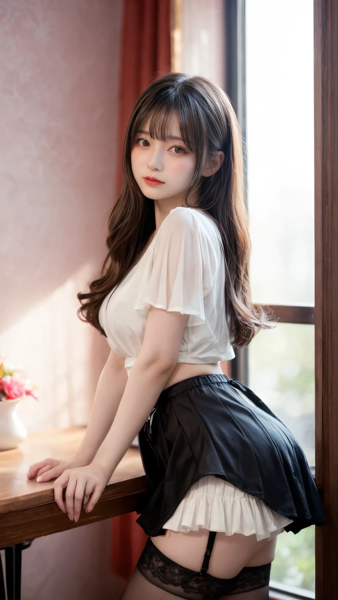 (A hyper-realistic)、(illustratio)、(hight resolution)、(8K)、(ighly detailed)、(Best Illustration)、(beautifully detailed eyes)、(top-quality)、(ultra-detailliert)、(masterpiece)、(wall-paper)、(A detailed face)、独奏、1 girl in、looking at viewert、fine detailed、A detailed face、in the darkness nigth、deep-shadows、lowkey、pureerosfaceace_v1、A smile、long、Black shawl straight hair、46-point diagonal bangs, ((White lace dress、a miniskirt))(off shoulders)((Beautiful woman standing on the balcony of the castle))(((Skirt lifted by hand, Black panties glimpsed))),