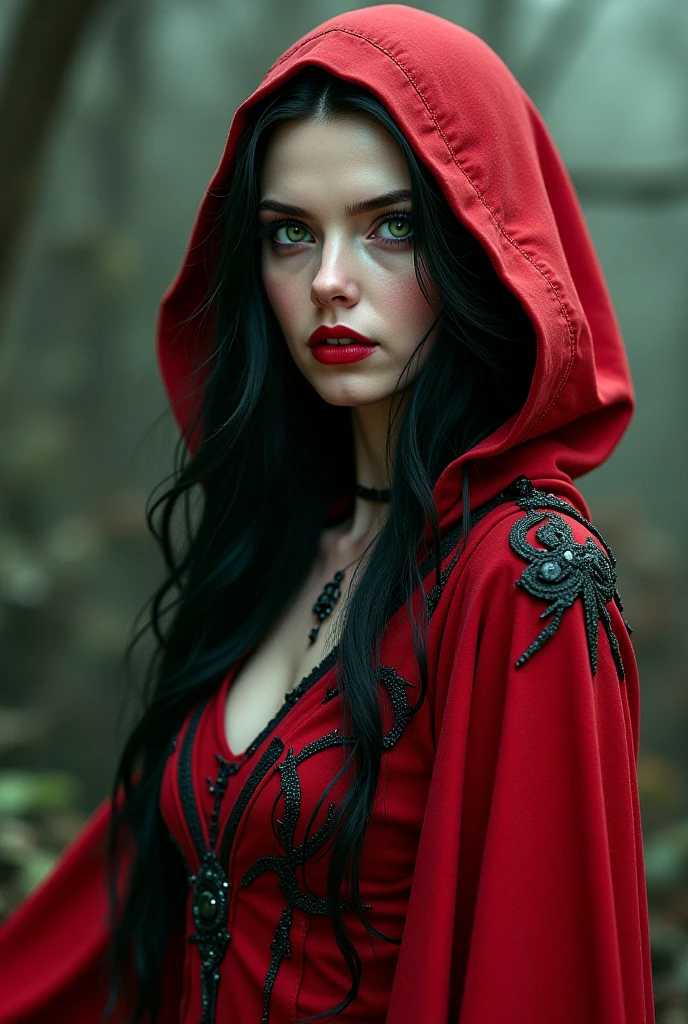 beautiful pale white skin blue eyes with black and white hair wearing a red cape and elegant red gothic clothes and wearing a wolf shaped hood