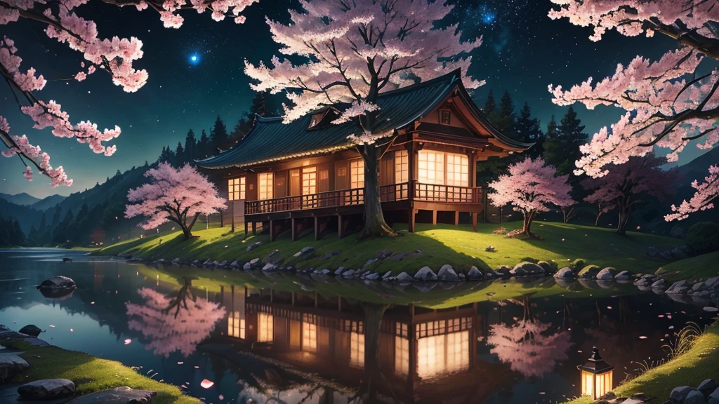 Highest quality、masterpiece、 Landscape、beautiful scenery、cherry blossoms in full bloom、 petals、4K、PHOTO REALISTIC、real、professional、vivid color、Bokeh、Delicate Wood Texture、soft light、Green leaves、 Compa、night、moon、starry sky