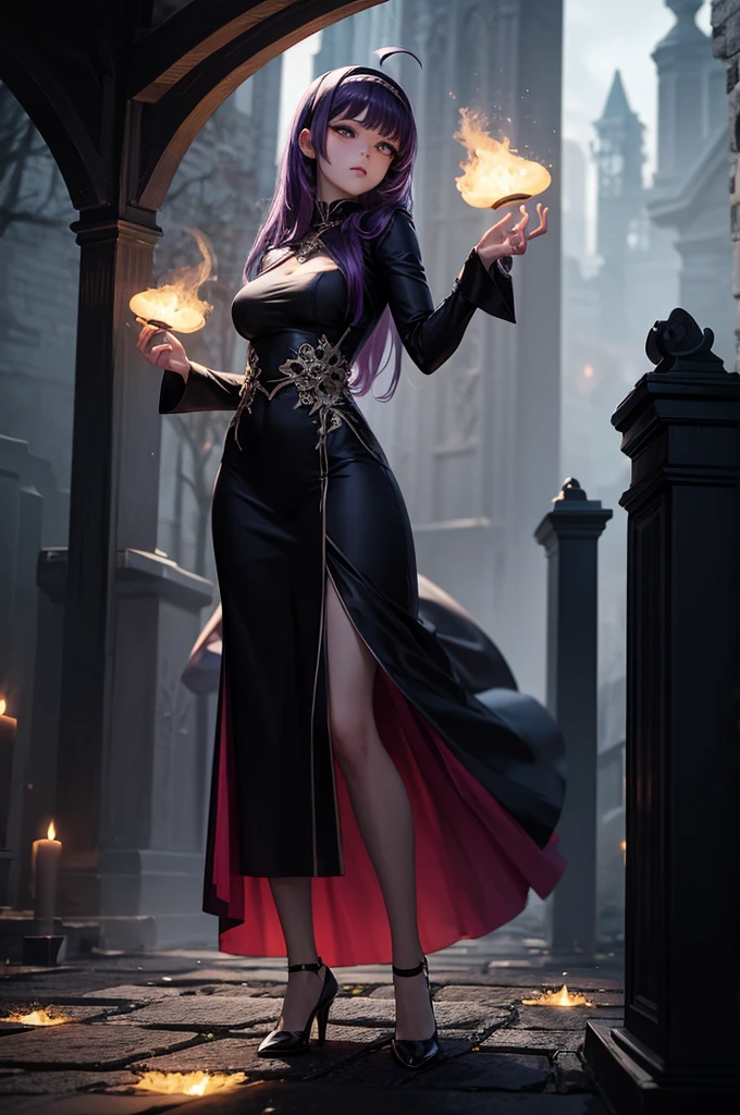(Best Quality, (High resolution:1.2), Ultra-detailed, Realistic portrait, female necromancer, long black cloak, beautiful face, dark background, cemetery, depth of field, short black and purple hair, night time, full body, mini skirt, black stockings, lace lingerie