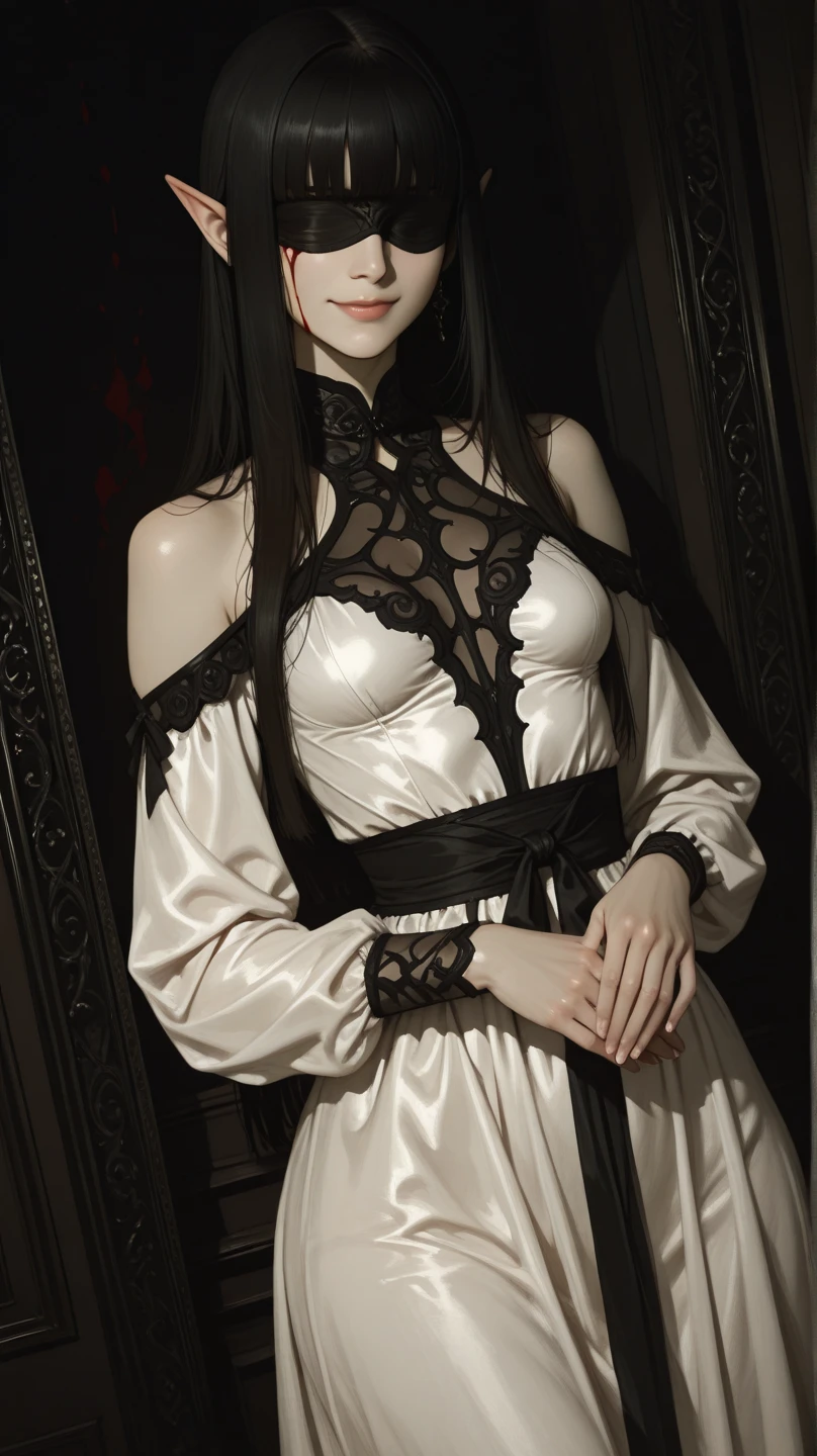 a tall girl, black hair, with red eyes, wearing black lace lingerie with red and transparent parts 