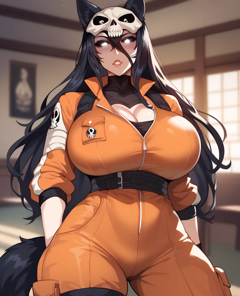 hasshaku-sama \(custom\), pale skin, black hair, red eyes, ghostbuster uniform, protopack, tall female, :d, (wide hips), (partially unzipped), cleavage, no bra, gigantic breasts, <lora:Hasshakusama:0.6>, <lora:Ghostbuster5:0.6>