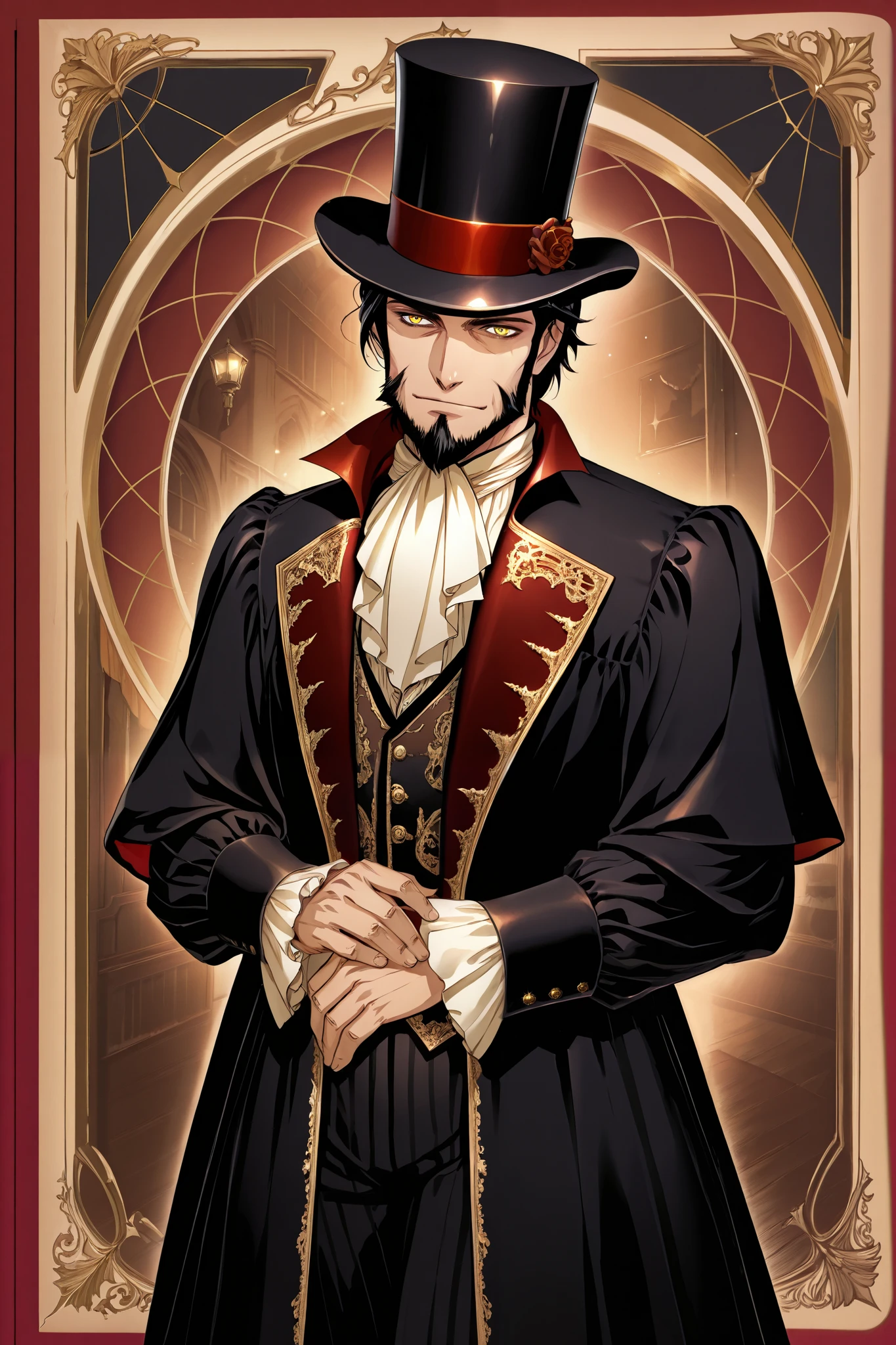 line-art, art book, best quality, 1 man, handsome man, black hair, short hair, yellow eyes, royale beard, long top hat, victorian style clothes, vampire style
