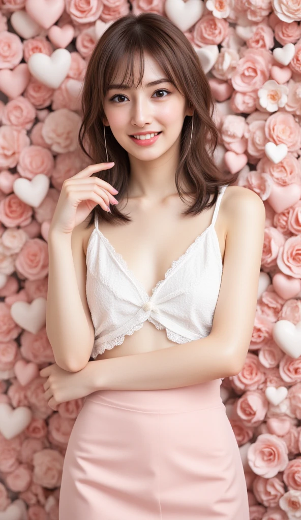 (((best quality))),(((ultra detailed))),(((masterpiece))),illustration,(Dopamine tone:1.3),(close-up of face:1.3),((a beautiful girl,solo)),(shoulder-length straight bob hair:1.2),((slim,thin)),((small breasts,flat chest)),(strapless white bra:1.3),(a plate of delicious donuts:1.3),(smile:1.2),cozy room,warm lighting,varied color donuts,(from front:1.3)