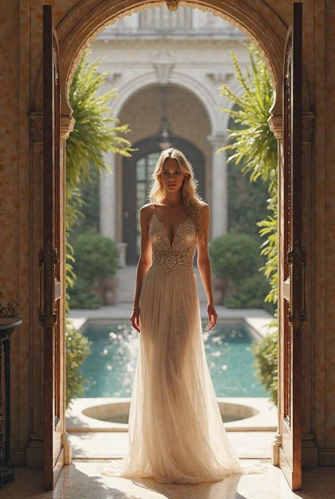 Beautiful woman in a white summer dress mesure 90 60 90 (cm) with stockings background should be a beautiful castle like versaille garden