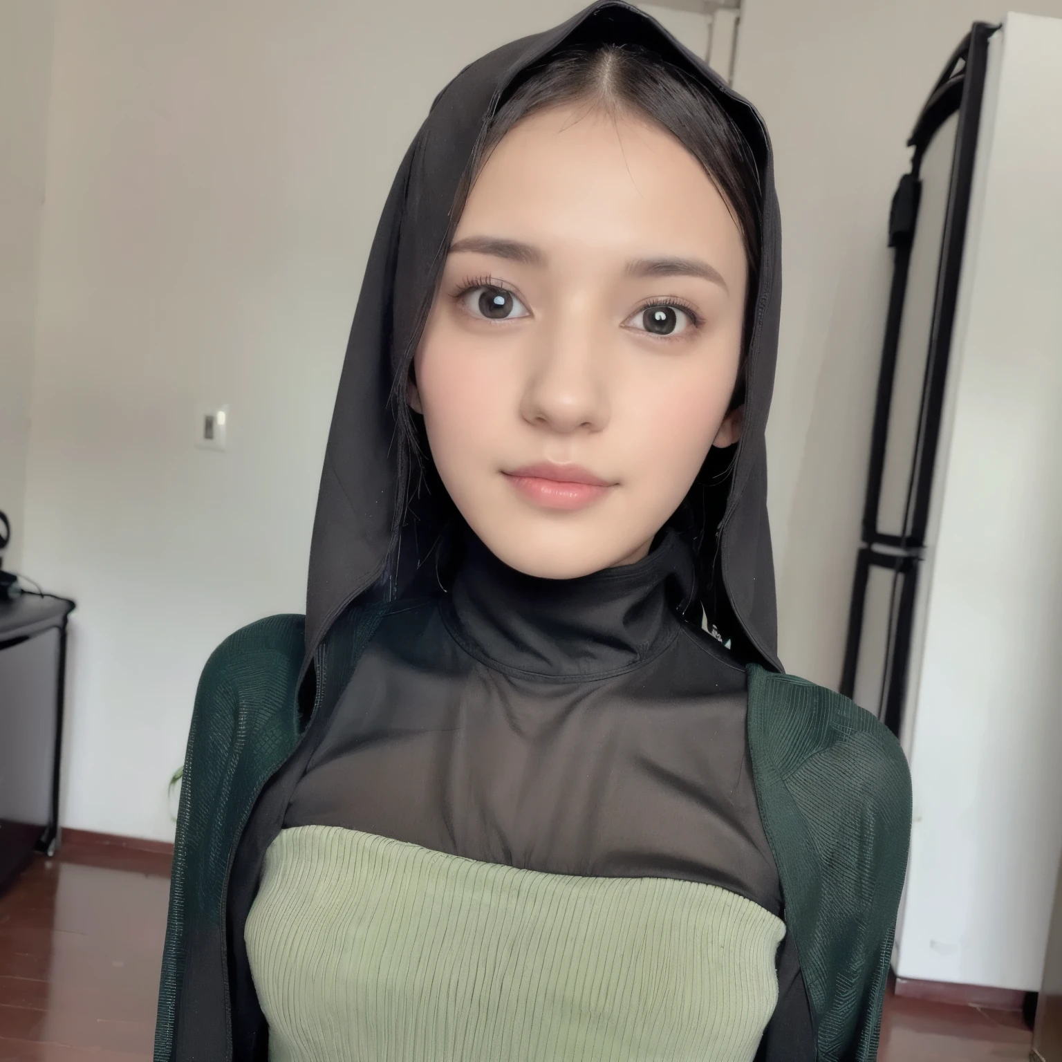 a girl wearing black hijab and green dress