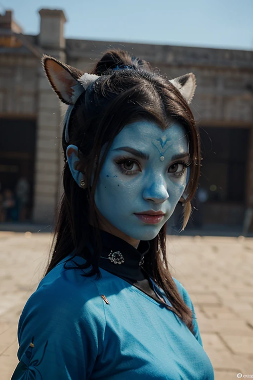 alien with completely blue skin and hair , 3 eyes, small nose, thick lips, cat ears and indigenous appearance with a landscape background with planets