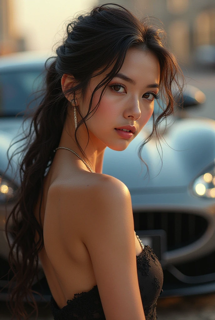 attractive cute woman biting her lip flirty in front of a realistic mercedes benz with far perspective