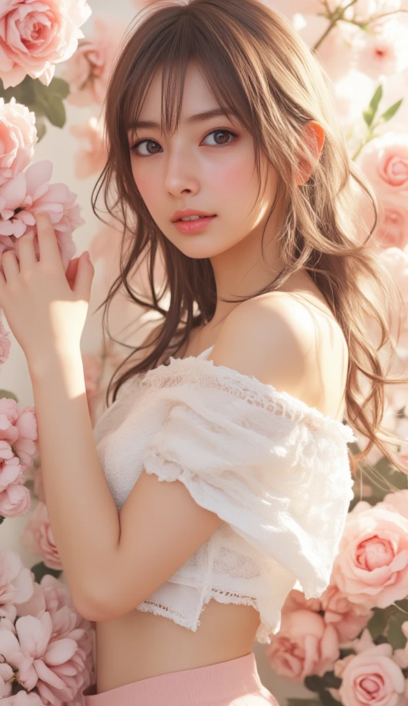 beautiful European woman, really has a European face. has wavy hazel brown hair and parted bangs. sharp sea blue eyes, sharp nose, soft pink lips, and slim has white skin, thick straight eyebrows, is sleeping in a pile of pink roses, is tied by a chain and his hands are also tied and bleeding.then add effects
