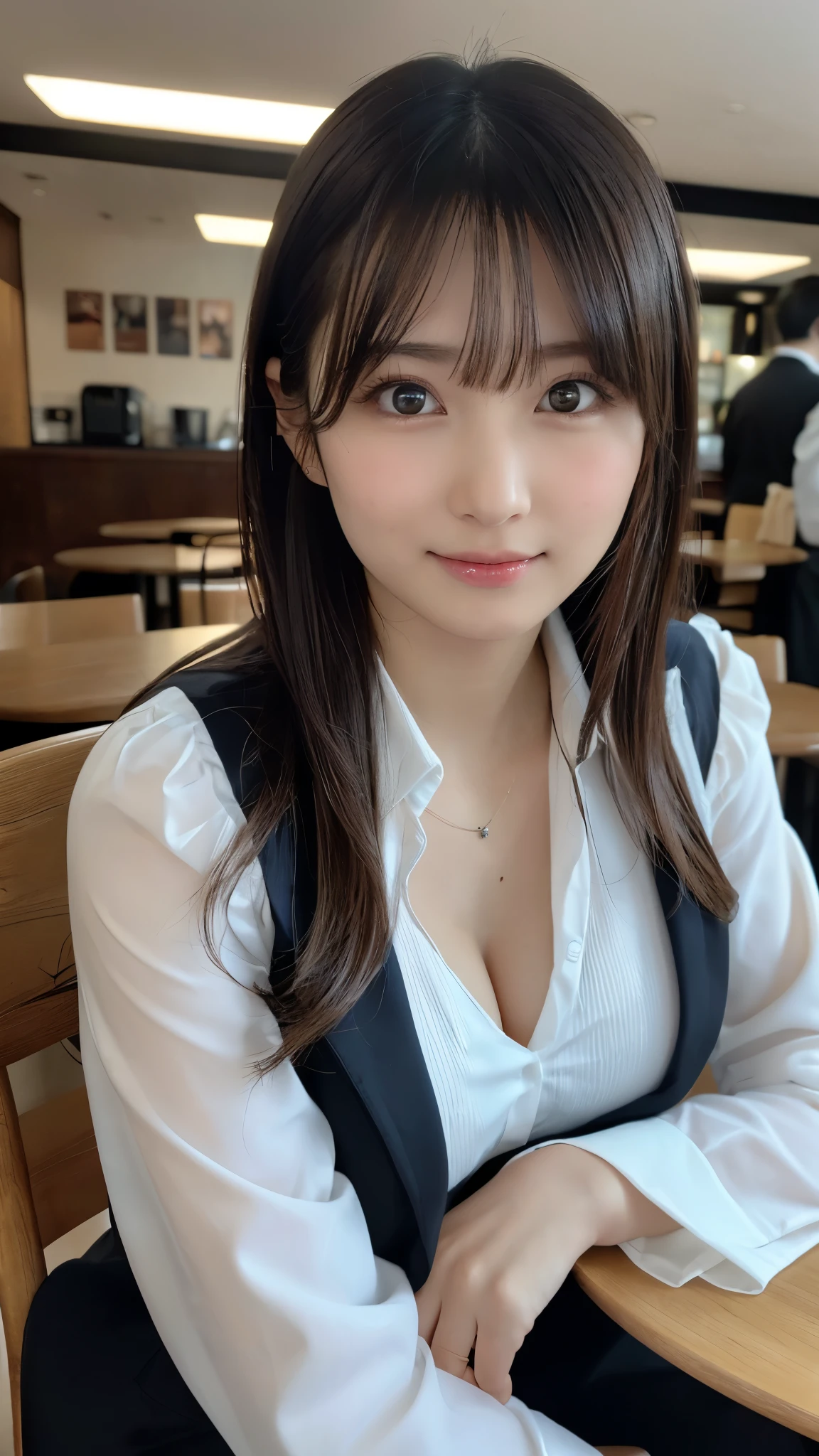 (highest quality, masterpiece:1.3, 超A high resolution), (Very detailed), (Realistic:1.4, RAW shooting), Ultra-Realistic Capture,Very detailed, High resolution, 16k, Human skin close-up, The skin texture is natural, It must be detailed enough to be easily identifiable, Skin should look healthy and have an even tone, Use natural light and color, Fine dining, ((tuxedo)), beauty secretary, Japanese, cute, Straight Long Hair, Big Breasts, ((smile)), Turn your body forward, (View from the front:1.1), Looking into the camera, focused on the chest, Brown Hair, Black choker, Lots of long eyelashes, blue eyes, bangs, ((Beef steak on the table, Private room, Eat steak, During meals)), VIP Room, Dependents, Loyalty