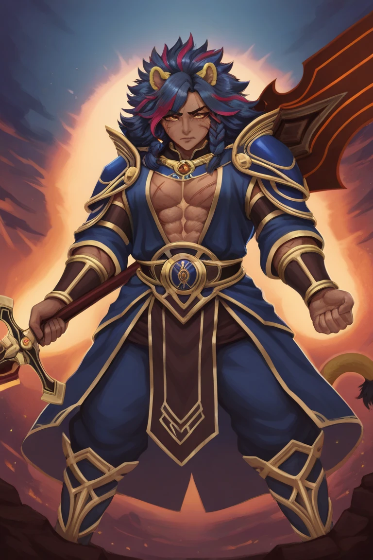 a close up of a ((dark Skin:1.6)) ((masculine )) ((long navy-Blue hair with light blue )) , ((Done in a Low hanging Ponytail)), ((Sword)) , Dynamic pose, Mid swing , expression( Smug), ((Eye patch)),(( Kaeya From Genshin impact as a Digimon)), ((AquariusArmor)) ((1boy Solo)), ((Masterpiece,High quality))