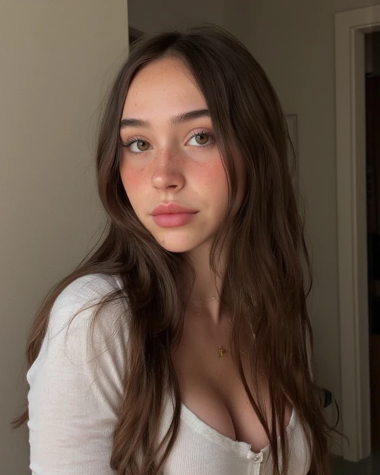 arafed woman, girl with brown eyes, portrait, brown hair and large eyes, selfie of a young woman, paris, violet myers, without makeup, natural makeup, looking directly at the camera, face with artgram, subtle makeup, stunning shot, cleavage