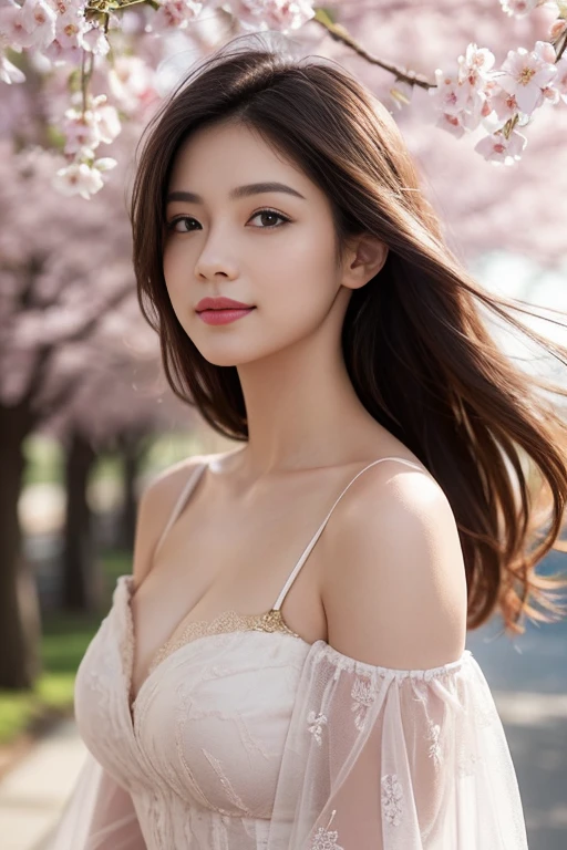 (Masterpiece:1.3), (8ก, Virtual image, raw photography, Highest picture quality: 1.4), 1 very beautiful girl, Smile with beautiful white teeth, Traditional Chinese hair, Hair pins, crown in front of head, Breast cleavage:1.2、Highly detailed face、The Eye of Detail、Double eyelids、Gather your breasts together...、Sharp focus:1.2、beautiful woman:1.4、light brown hair、Highest quality、Masterpiece、Ultra high resolution、(Virtual image:1.4)、Highly detailed and professional light smile, Chinese princess dress, smooth white silk, Open, frayed shoulders, Ancient Chinese wooden sedan in the cherry blossom garden, At night the sky is dark., Take a walk in the park, The lights in the garden are bright., Serious position,