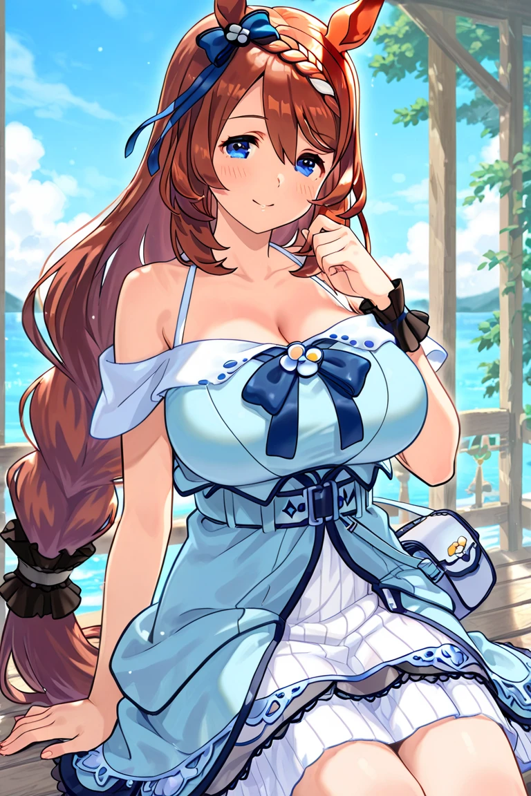 Smoky makeup,Flushed face,Detailed,looks into camera,blue skirts,Garland on the head,Sit by the water,Detailed face,Sexy,Plump posture,Sit by the water