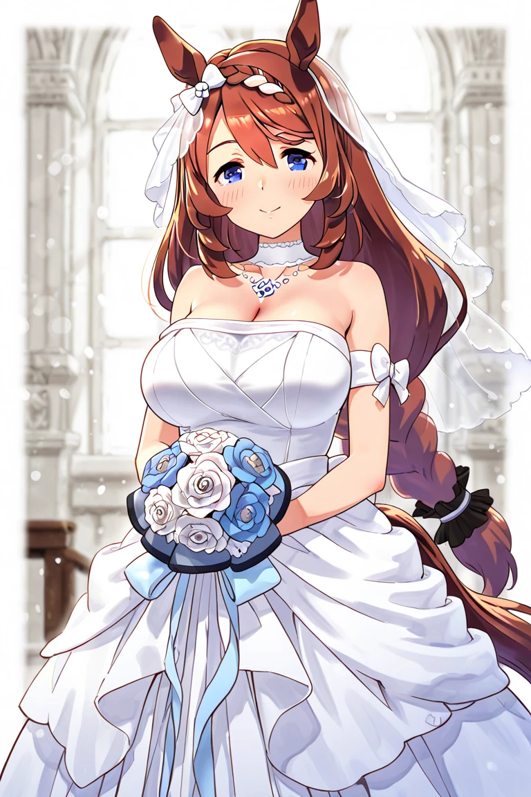slender, mature female, 1girl, breasts, animal_ears, horse_ears, horse_girl, horse_tail, long_hair, large_breasts, cleavage, brown_hair, garter_straps, solo, white_legwear, flower, brown_eyes, jewelry, thighhighs, dress, thighs, bare_shoulders, necklace, looking_at_viewer, hair_ornament, blush, strapless, closed_mouth, covered_navel, collarbone, bangs, bridal_veil, cowboy_shot, wedding_dress, white_dress, smile, strapless_dress, veil, tiara, navel, leotard, standing, ribbon, very_long_hair, off_shoulder, eyebrows_visible_through_hair, choker, sleeveless
