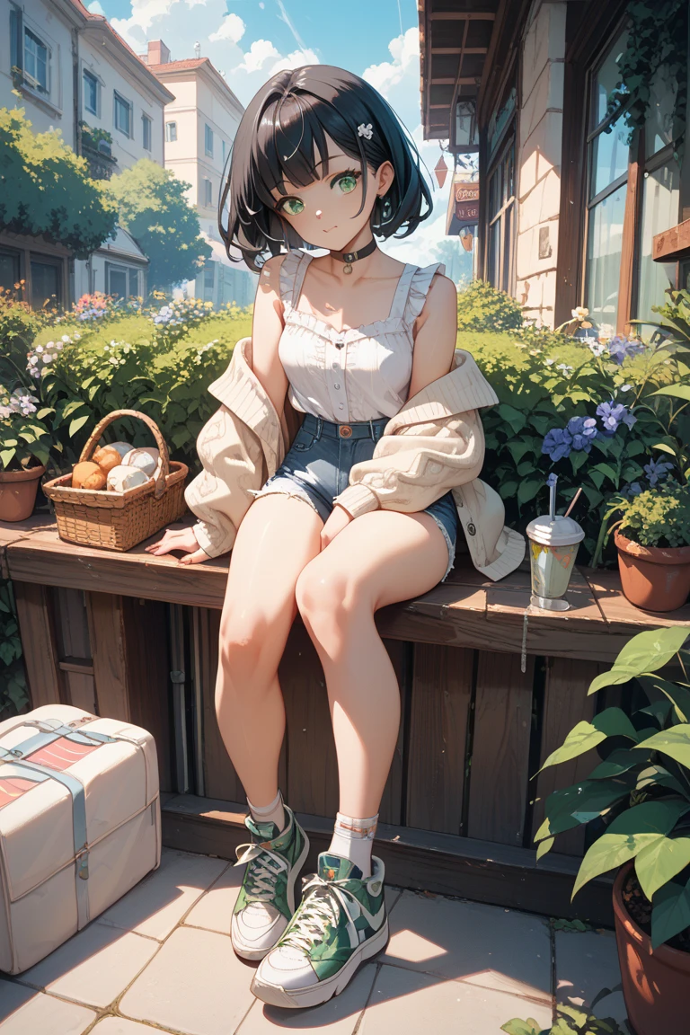 absurdres, RAW photo, extremely delicate and beautiful, masterpiece, Best Quality, ultra high resolution, 32k, hyperrealistic, ultra-detailed, perfect figure, Perfect Style, Perfect balance, in her 20s, very small head, very small face, delicate facial features, tearful mole, earring, very huge breasts, bare legs, full body shot, medium hair, black hair, colored inner hair, casual, blouse, white shirt, buttoned shirt, bare shoulders, collarbone, midriff, navel, shorts, straw hat,