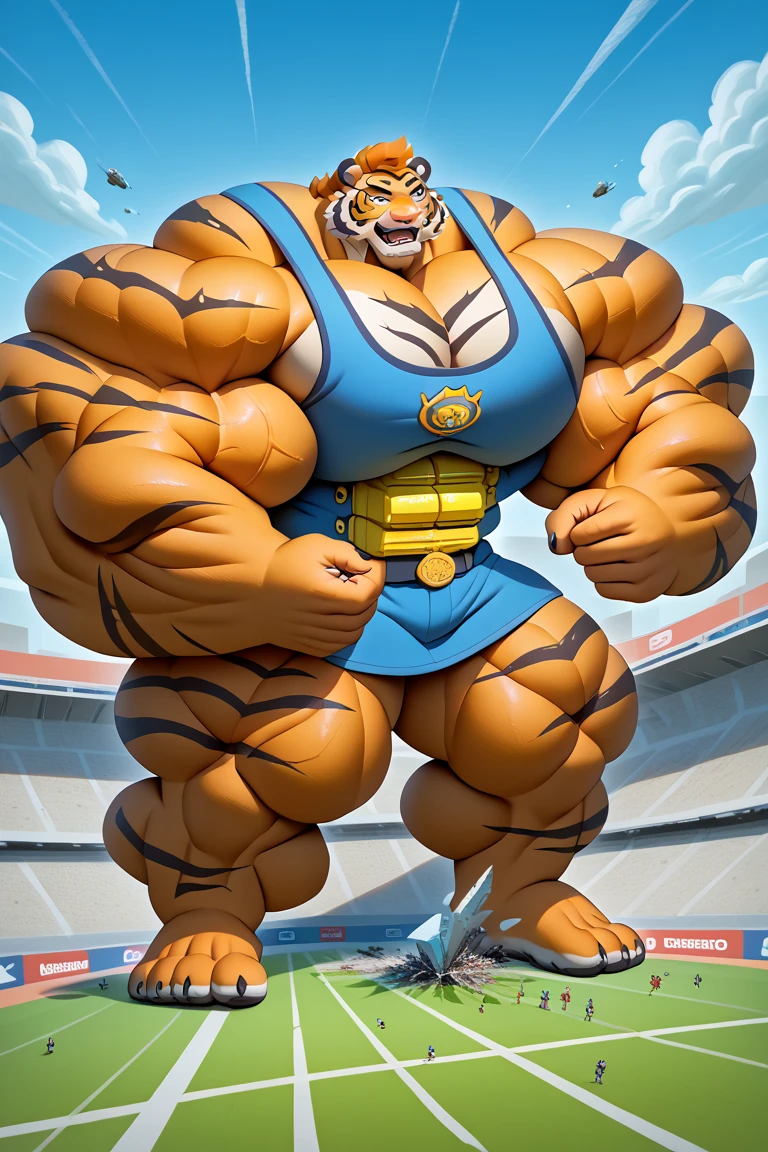 oozaru, bvegeta, grey face, yellow fur, long muzzle, gorilla, fauxhawk, prick ears, red eyes, glowing eyes, no pupils, no sclera, teeth, fangs, broad shoulders, shoulder armor, frown, showing teeth, long muzzle, front view, landing, impact, city destruction, powerful, open mouth, purple tongue, monkey tail, bara, barazoku, crouching, thick arms, fat legs, gloves, city destruction, building destruction, macro, landscape dwarfing, looking down, evil grin, smoke, debris, ruins, dust, on one knee, gauntlets, pantsless, nude, crotch tuft, huge girthy cock, uncircumcised cock, (cum everywhere:1.60) blue sky, sunlight, sunset, bright colors:1.3, fist, hand on object,