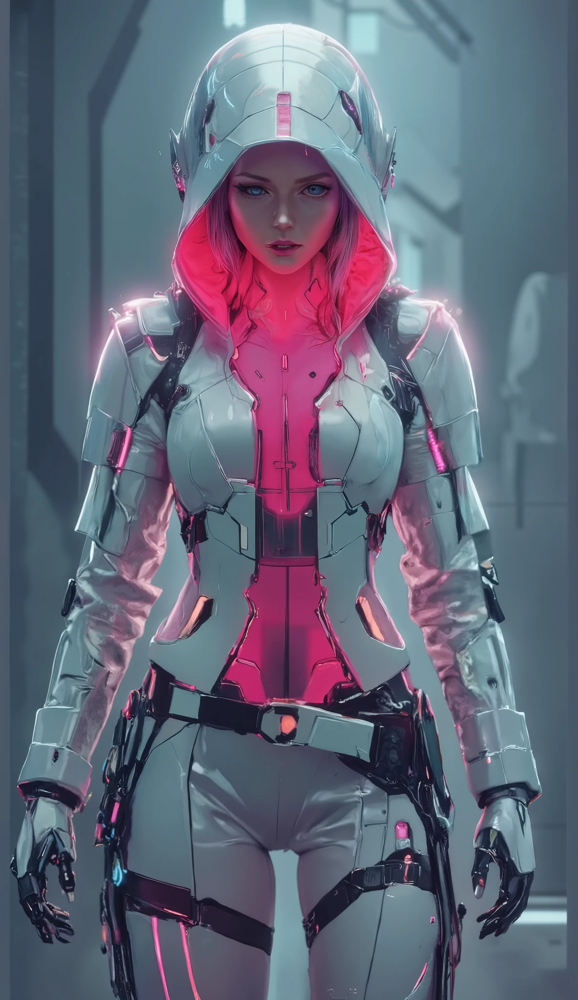 A vibrant, detailed and futuristic full body illustration showcasing a 21-year-old Caucasian female gaming character dressed in a futuristic, mech-like white hooded armor  jacket over a glowing neon pink top, white leather armor pants and futuristic armor boots with glowing pink assets. Her striking features showcased in a dynamic stance. The artwork adopts a detailed graphic style, featuring a neon color palette set against a grey abandoned factory backdrop contrasting her glowing pink and white armor, producing a captivating visual effect. The character's gaze exudes determination, while the interplay of soft and bold hues elevates the visual impact. This composition merges futuristic cyberpunk art aesthetics with a sci-fi mecha atmosphere. An image worthy of a great games' cover
