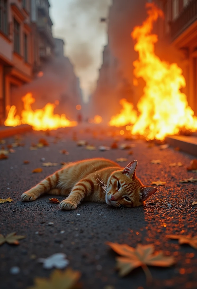 On the city road, two cars collided and caused a car accident. Thick smoke and explosions, a cat lying in a pool of blood, barely alive, with a kitten beside it. Shooting a cat doesn't require looking at the camera, it's already a corpse surrounded by blood. The kitten cried towards the corpse.
