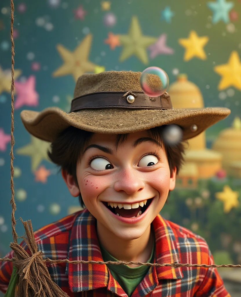 5 year old boy with brown hair, Dressed as an adventurer with a hat, Smiling and with arms folded. 8K, UHD and Pixar Style.