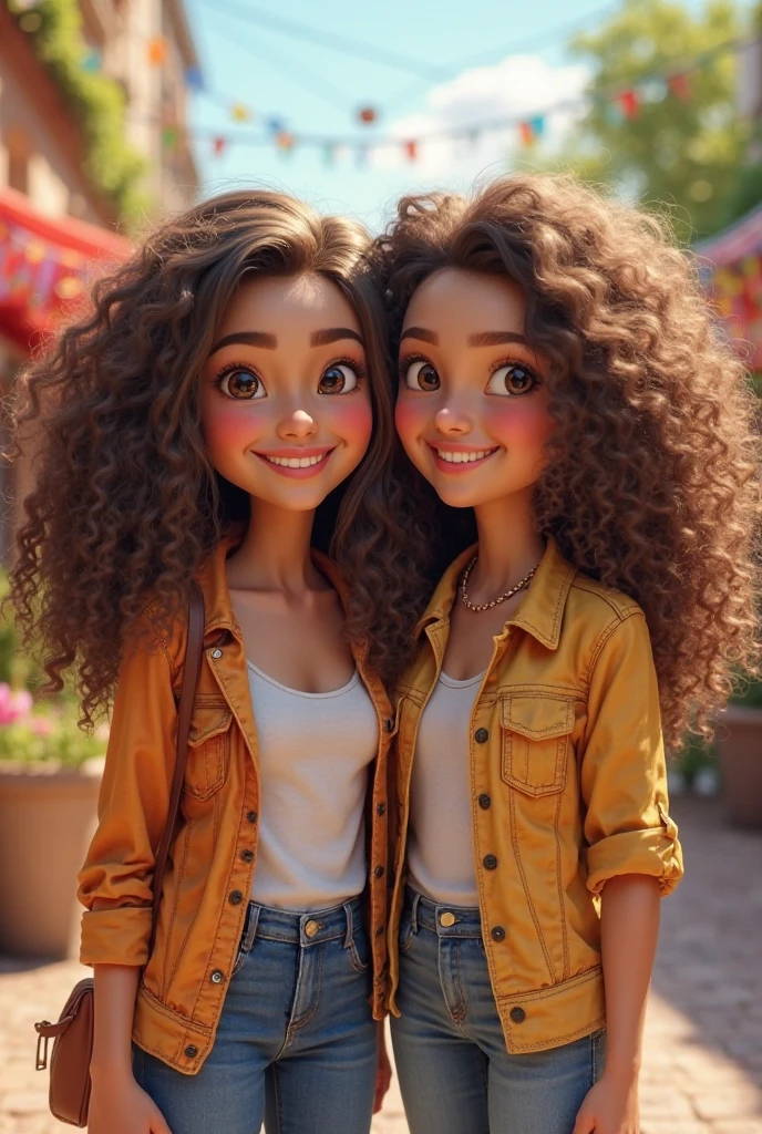 Generate a 3D anime style image of a young dark brunette woman, with large, light brown and expressive eyes, large full red lips, long black and curly hair, of Portuguese, african descent with Amazonian features, dressed in a colorful and flowery dress 
