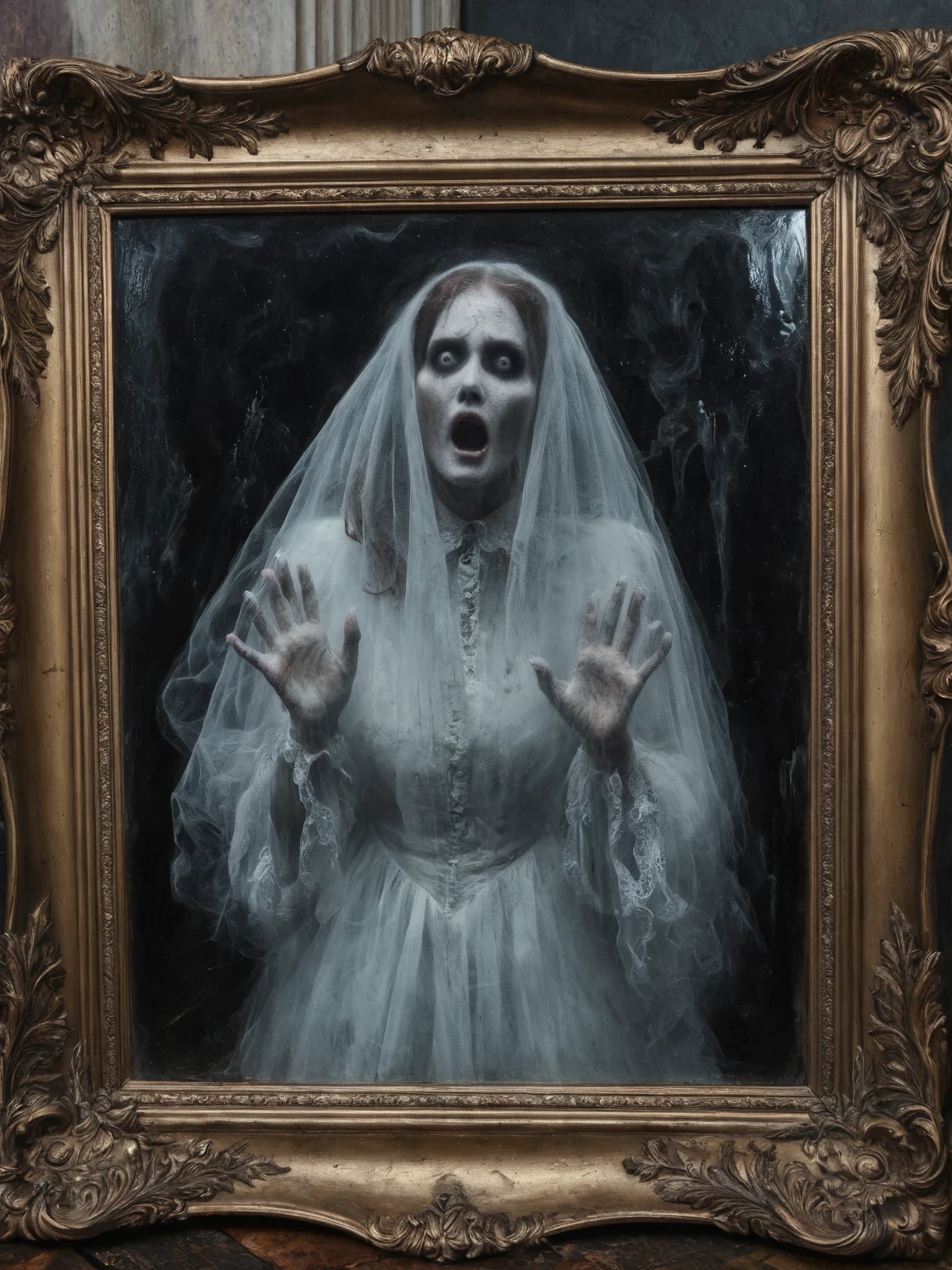 A very beautiful Dutch Woman ghost photo, capturing the essence of the flying head of a woman with a bloodied spine with her heart, lungs and intestines hanging from her neck. He hovered eerily through the living room in the middle of the night, casting cold shadows on the floor. The dark and gloomy atmosphere is emphasized by the dim lights, the atmosphere is foggy. The image gives off a gothic and supernatural vibe that is both captivating and unsettling. (masterpiece, ultra detailed, ultra focus, highly quality, 8k)