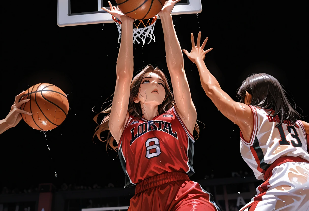 Masterpiece, source_hentai, top quality, amazing quality, very aesthetic, high resolution, super detailed, lighting, colorful, absurd, latest, 
score_9, score_8_up, score_7_up, 
Masterpiece, top quality, very detailed, high resolution, 
top quality, masterpiece, top quality, film grain, ultra detailed, videography, random pose, , , sensual, adult content, , 
Great quality, simple background, black background, basketball game, nba official,
superb, masterpiece, top quality, film grain, ultra detailed, videography, random pose, dynamic pose, , adult content, , 748cm style, focus on , expressive, concept art, sports photography, full body shot, sports magazine cover, (perfect hand according to , five fingers), 
((2 girls under basketball goal, Caucasian babe and Latino babe, red uniform and white uniform, reaching for basketball, aerial battle, lots of sweat, wet body, close up of one ball and two hands, view from below:1.3)),