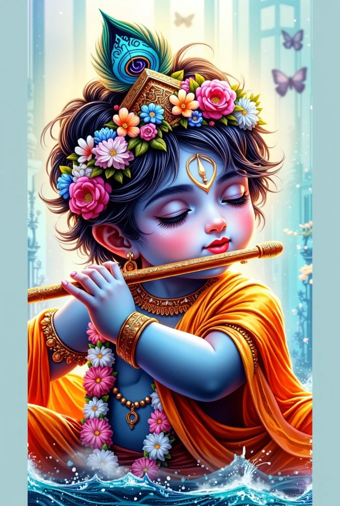 a painting of a little boy playing flute in the water, indian god, mobile wallpaper, hd wallpaper, amazing wallpaper, very beautiful photo, beautiful wallpaper, hindu god, wallpapers, phone wallpaper, high quality wallpaper, hindu art, hindu aesthetic, hd phone wallpaper, beautiful goddess, wallpaper mobile, cute beautiful, vishnu, beautiful cute, phone wallpaper hd, serene expression