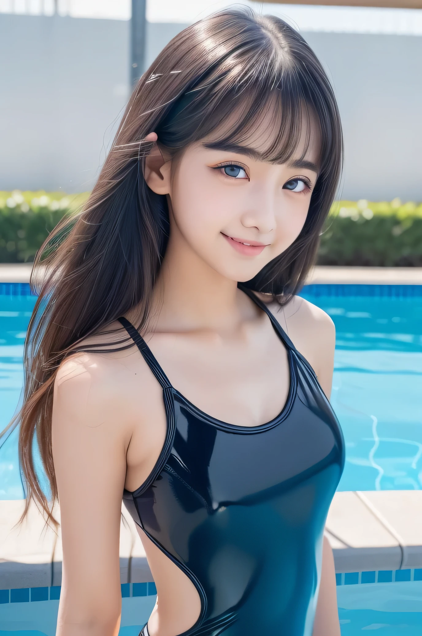 Cinema Lighting、Highest quality、1. girl、School Swimsuit、School swimming pool、Embarrassing、smile、Sculpture Pose、Sexy pose、