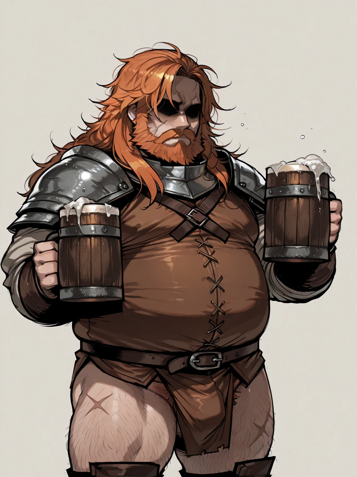 man, Viking, An old face, short stature, Age 60 years, strong, thick, big breasts, big belly, Red hair, large red beard braided into three braids, thick body hair, густые Red hair на груди, густые Red hair на животе, густые Red hair на лобке, густые Red hair на яйцах, thick hair on arms, thick hair on legs, tattoos on body, Tattoos on the torso, drunk face, naked torso, in a very short skirt made of green fabric, the skirt is held up by a leather belt with a gold buckle, dick sticking out from under skirt, in the pub, night, warm lamp light, holding a wooden mug in his hand, Very drunk, sleepy look