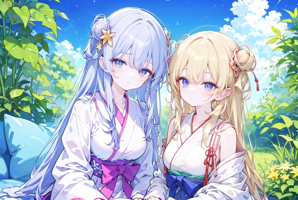 ((Two Women)), Beautiful Face, (Laughing embarrassedly), ((laugh)), ((Wink:1.8)), ((waving at viewer:1.3), Laugh with your mouth wide open,((Bright red cheeks:1.4)),Shiny red lips, night,横浜のnight景,You can see the ocean, firework,,Glossy pink lips,Facial lighting,((Anime style background)),masterpiece, Highest quality, so beautiful,up to date, Complex details, (4fingers and 1thumbs), (Pink long nails), (ring),(bracelet),(choker),AI-generated, Complex,High resolution, Highest quality, super high quality,3D Images、3D Images,One person,Long white hair,Blonde Hair, High Ponytail,(blue eyes),Anime woman posing for a photo, ((Fine grain、Silvery white eyes、Shining Eyes:1.4)), ((Fine grain、Turquoise Eyes、Shining Eyes:1.4)), (Squint your eyes:1.1),a hyperRealistic , hyperRealistic , Realistic,Anime woman with long white hair, Smooth anime CG art, A woman in a colorful kimono with gold embroidery, (Black long sleeve kimono),(Pink long sleeve kimono), Red floral pattern,Long flower hair ornament,Earrings,Mature Body,(Big Breasts:1.1),Tall,Abdominal muscles,Narrow waist,(Zoom up to face), ((hug from behind)),