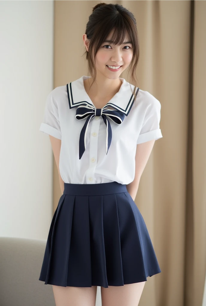 (Very cute 16 year old young woman from Japan),  ((Brown delicate hair)), ((Short-cut hair in a ponytail)), (((Clean hands)))，(Curly hair)，(((Very sweet smile))),(((The upper body is wearing a high 
sailor suit)))，(((Lower body miniskirt))), (((high school student))) ((of the highest quality, 16 K, masutepiece: 1.3)), Light on Face, hyperdetailed face, very detailed lips, Detailed eyes,class room,school, office,(fullnude:1.0),(show your pussy:1.5),(full-face blush:1.3),(small breasts:1.2),(skinny:1.2),