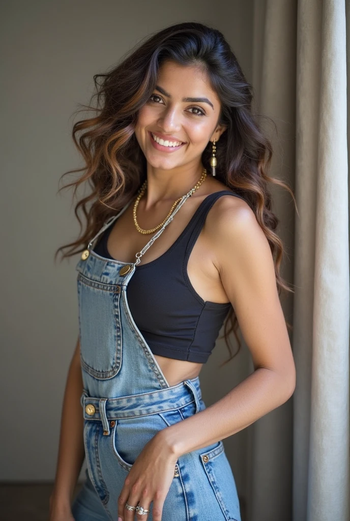 Beautiful woman, long curly black hair, wearing a light blue t-shirt, wearing leather belt, front view (sitting inside a modern restaurant at night), very detailed, 30 years, natural wave hair, blue eyes, high-res, masterpiece, best quality, intricate details, highly detailed, sharp focus, detailed skin, black skin, realistic skin texture, texture, detailed eyes, professional, 4k, Canon shooting, 85mm, shallow depth of field, Kodak color vision, perfect fit body, extremely detailed, photo_\(ultra\), photo realistic, realistic, post-processing, maximum detail, roughness, real life, ultra realistic, photorealism, photography, 8k uhd, photography (grain of film) medium shot for closeup shot atmospheric dark lighting